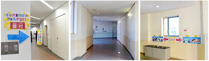 左「廊下の奥まった場所にある受付」真ん中「イベント会場までの長い廊下」左「エレベータードアの前に配置したサイン」